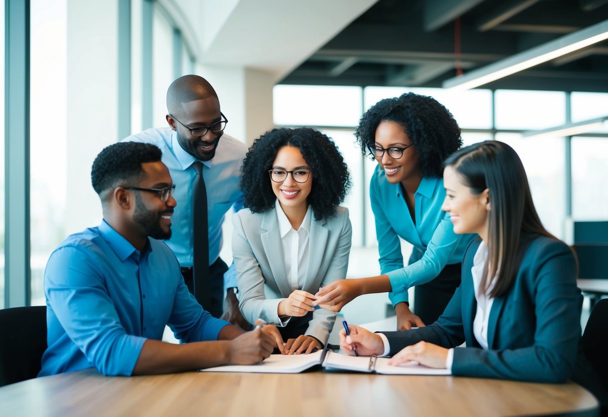 Un groupe de professionnels divers engagés dans un apprentissage collaboratif et le développement de compétences dans un environnement de bureau moderne.