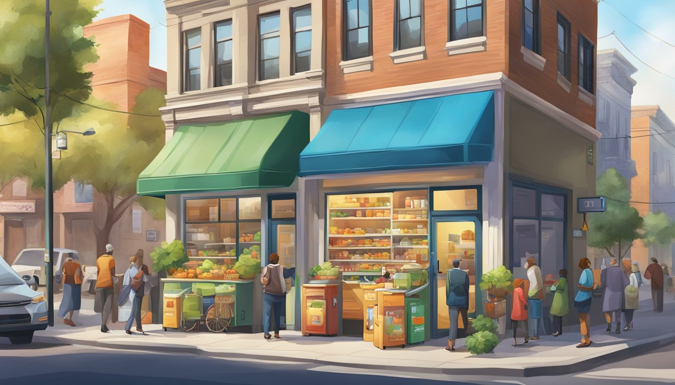 A bustling street corner with a colorful, well-stocked community fridge surrounded by diverse local residents