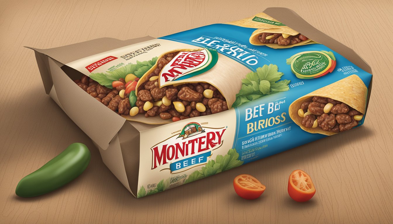 A package of El Monterey beef bean burritos stored in a refrigerator with a "use by" date visible on the packaging