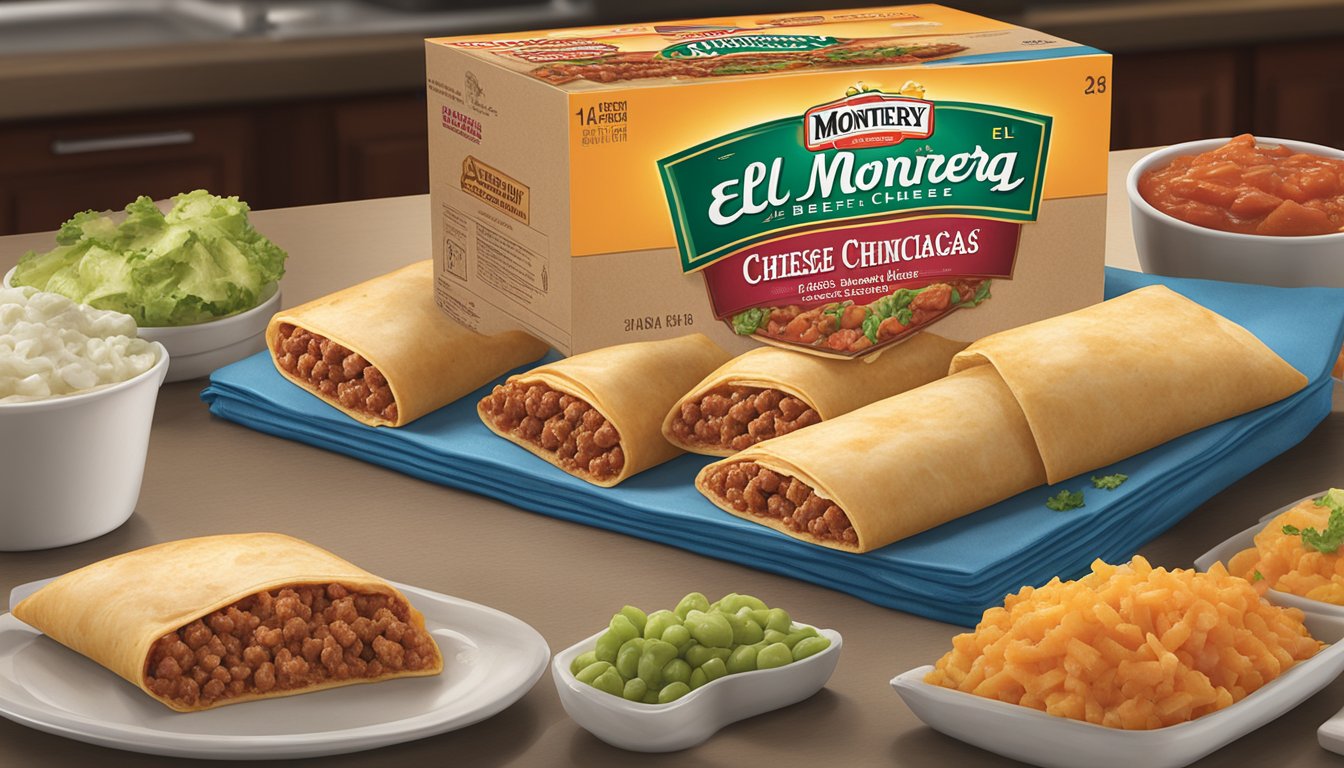 A package of El Monterey beef and cheese chimichangas sits on a kitchen counter, surrounded by other frozen foods