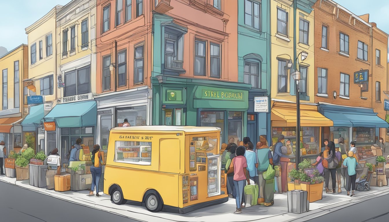 A bustling street with a colorful community fridge surrounded by local businesses and residents offering support and donations