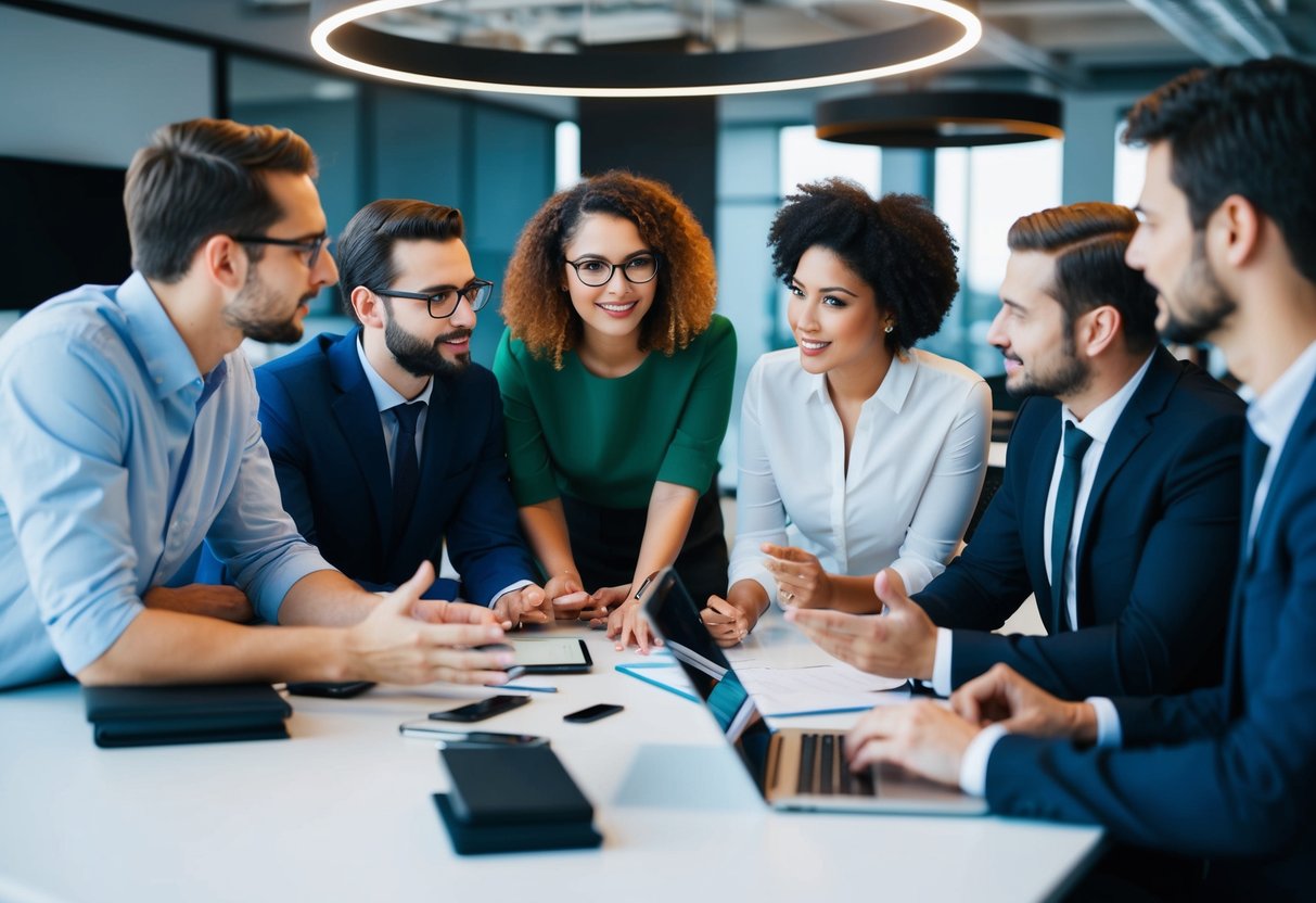 Un groupe de professionnels discutant et échangeant des idées dans un espace de travail moderne et axé sur la technologie.