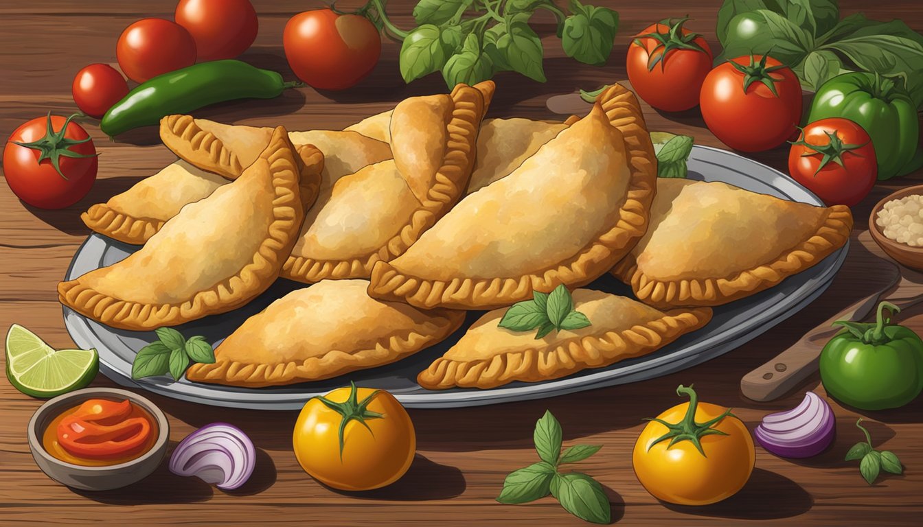 A plate of empanadas sits on a rustic wooden table, surrounded by colorful ingredients like tomatoes, peppers, and herbs. The golden crust of the empanadas glistens under the warm light