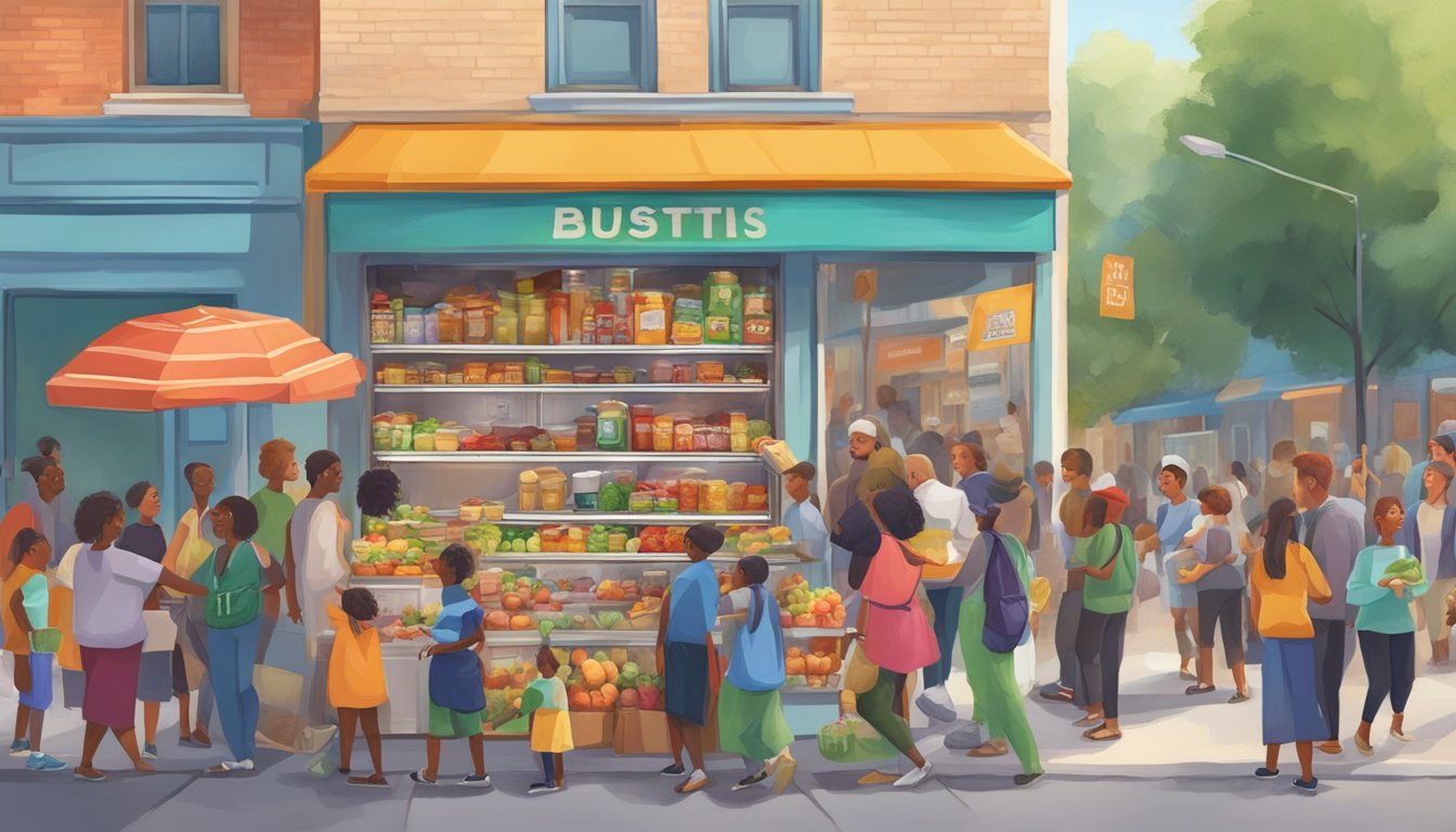 A bustling street corner with a colorful, decorated fridge filled with food donations, surrounded by a diverse group of people