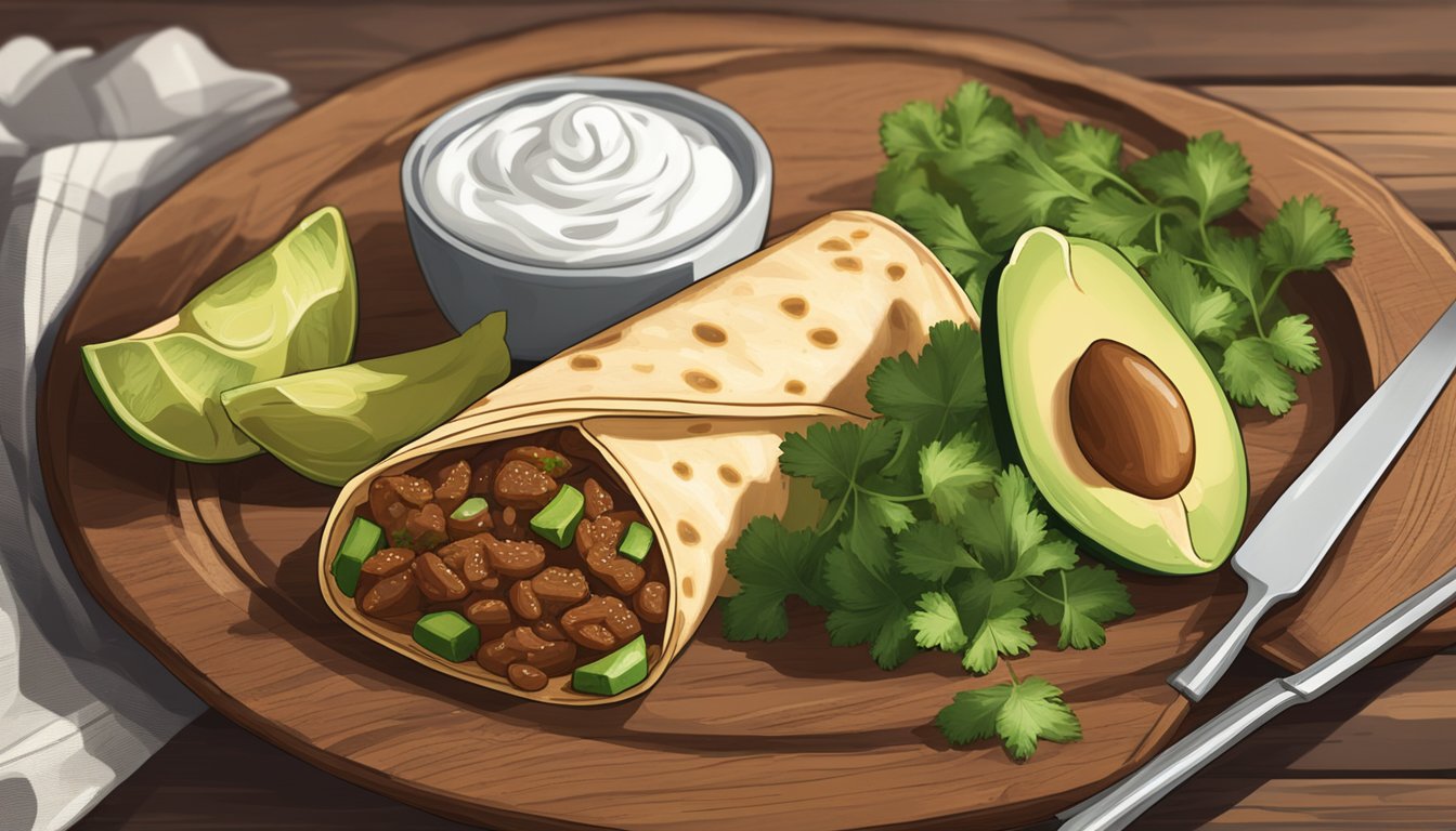 A plate of El Monterey beef bean burritos sits on a rustic wooden table, surrounded by fresh cilantro, sliced avocado, and a dollop of sour cream