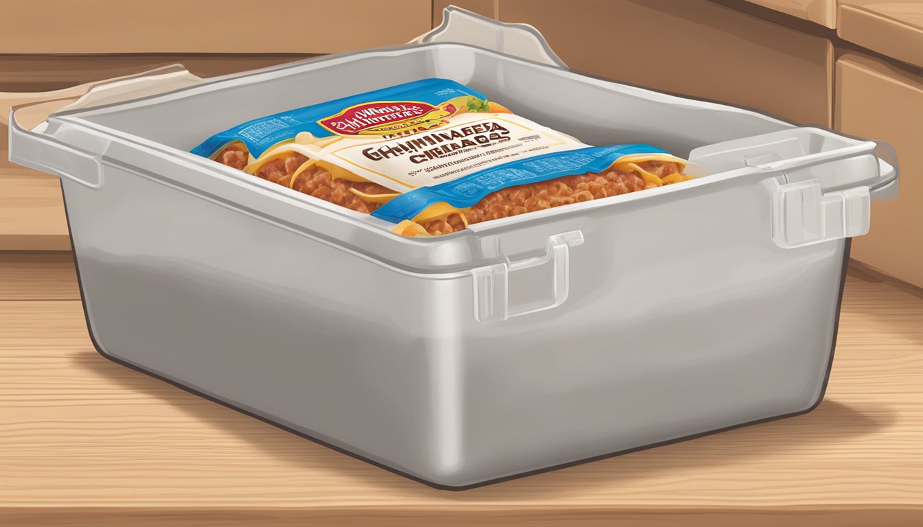 A freezer stocked with El Monterey Beef and Cheese Chimichangas, with a clear expiration date label