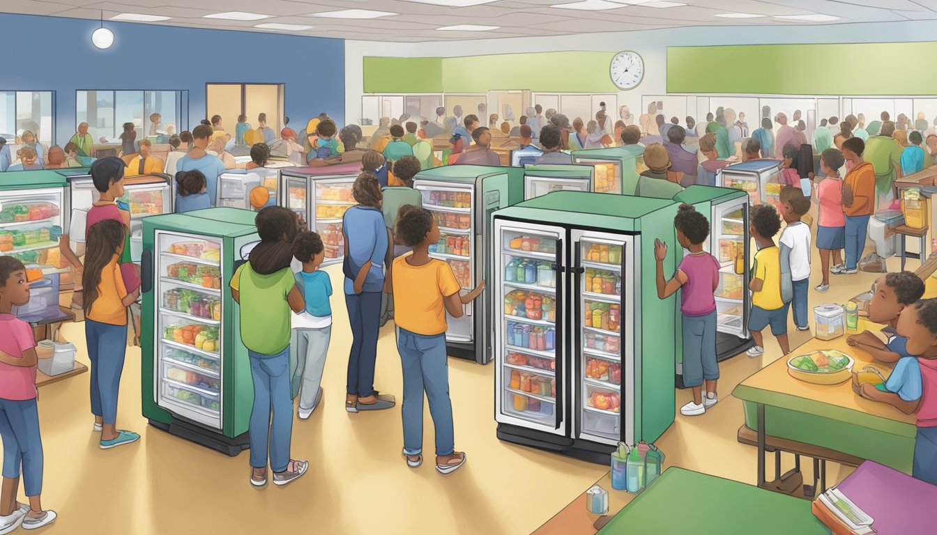 A bustling community center with a colorful local fridge surrounded by eager participants. Educational materials and outreach programs are displayed nearby