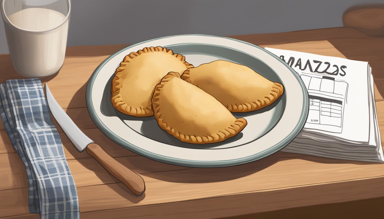 A plate of empanadas sits on a kitchen counter, covered with a cloth. The date on a nearby calendar shows the current day