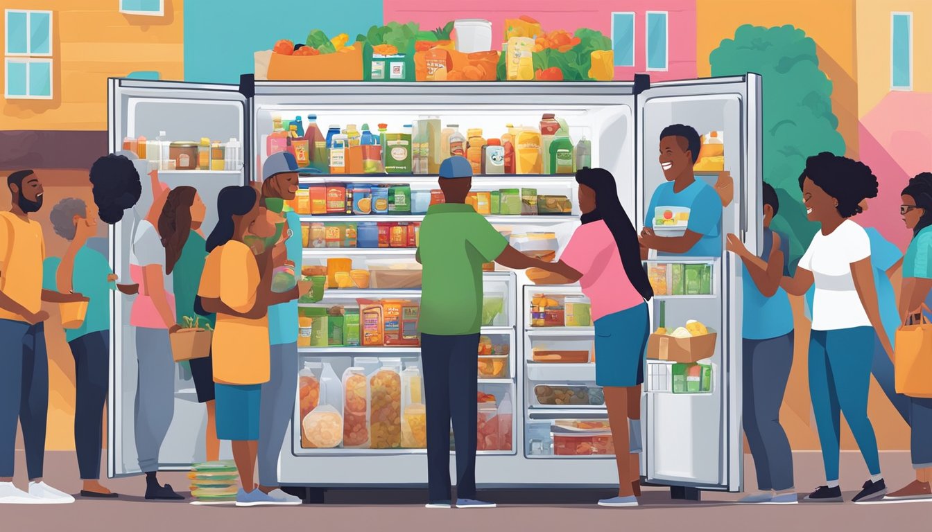 A colorful community fridge filled with food donations, surrounded by smiling faces and a diverse group of people contributing to the local Killeen, TX community