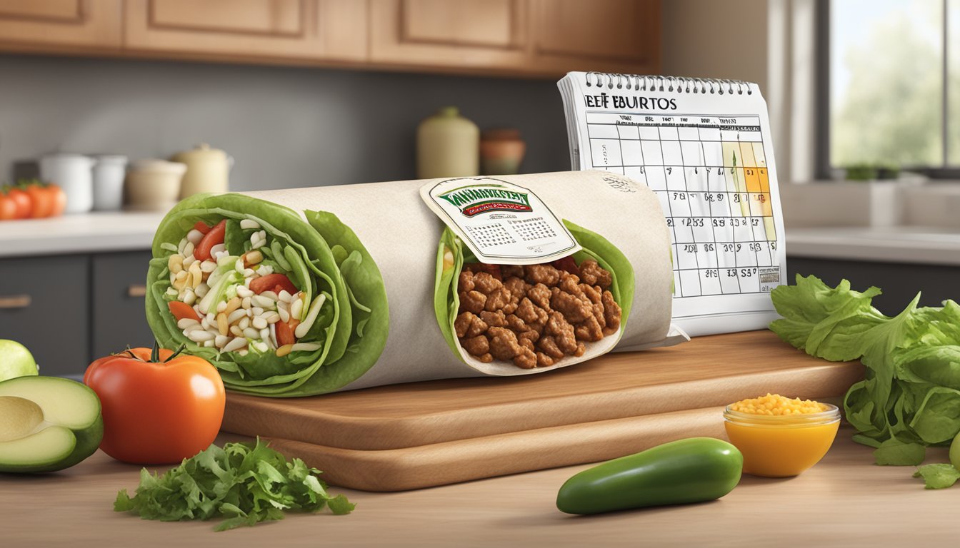 A package of El Monterey beef bean burritos sits on a kitchen counter, surrounded by fresh produce and a calendar marking the purchase date