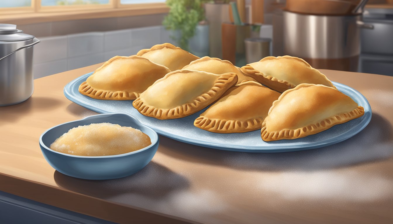 A plate of empanadas sits on a kitchen counter, covered in frost. The room is cold, with visible breath in the air