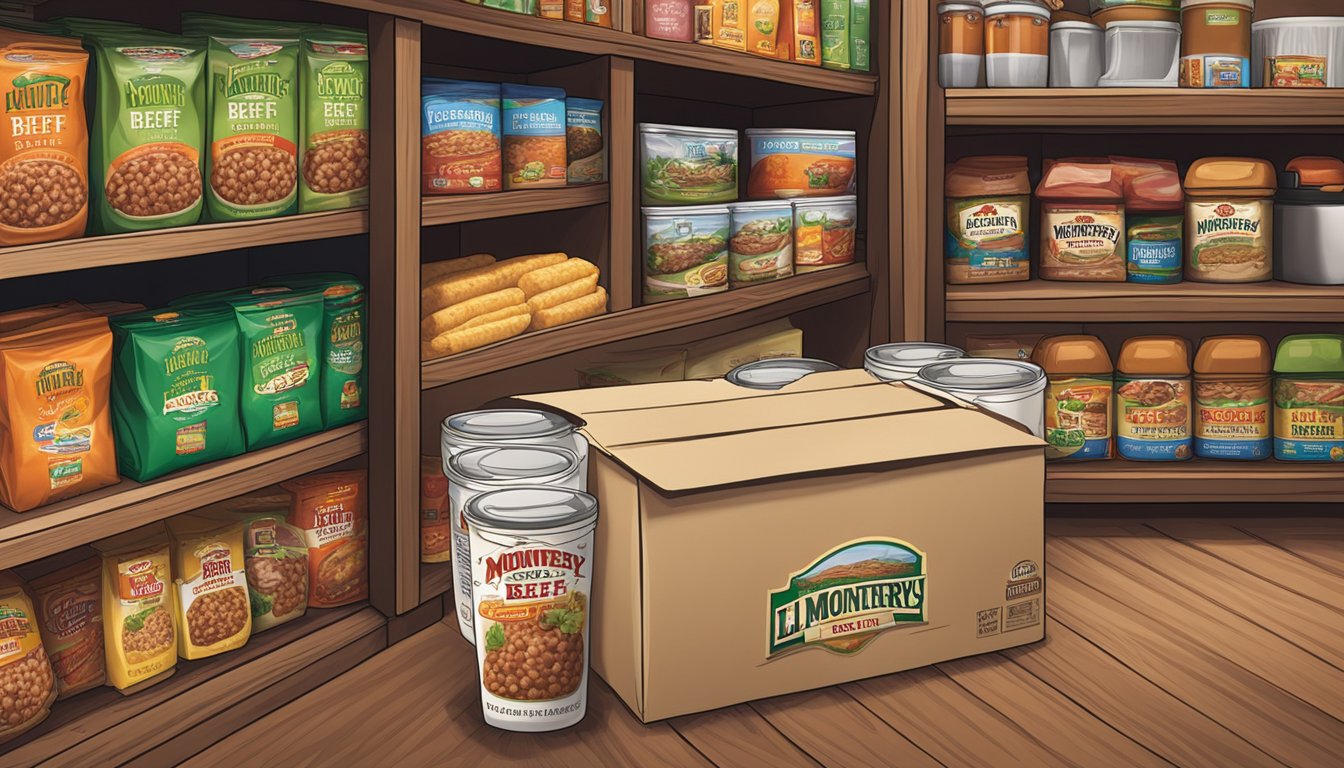 A package of El Monterey beef and bean burritos sits on a shelf in a pantry, surrounded by other food items and household goods