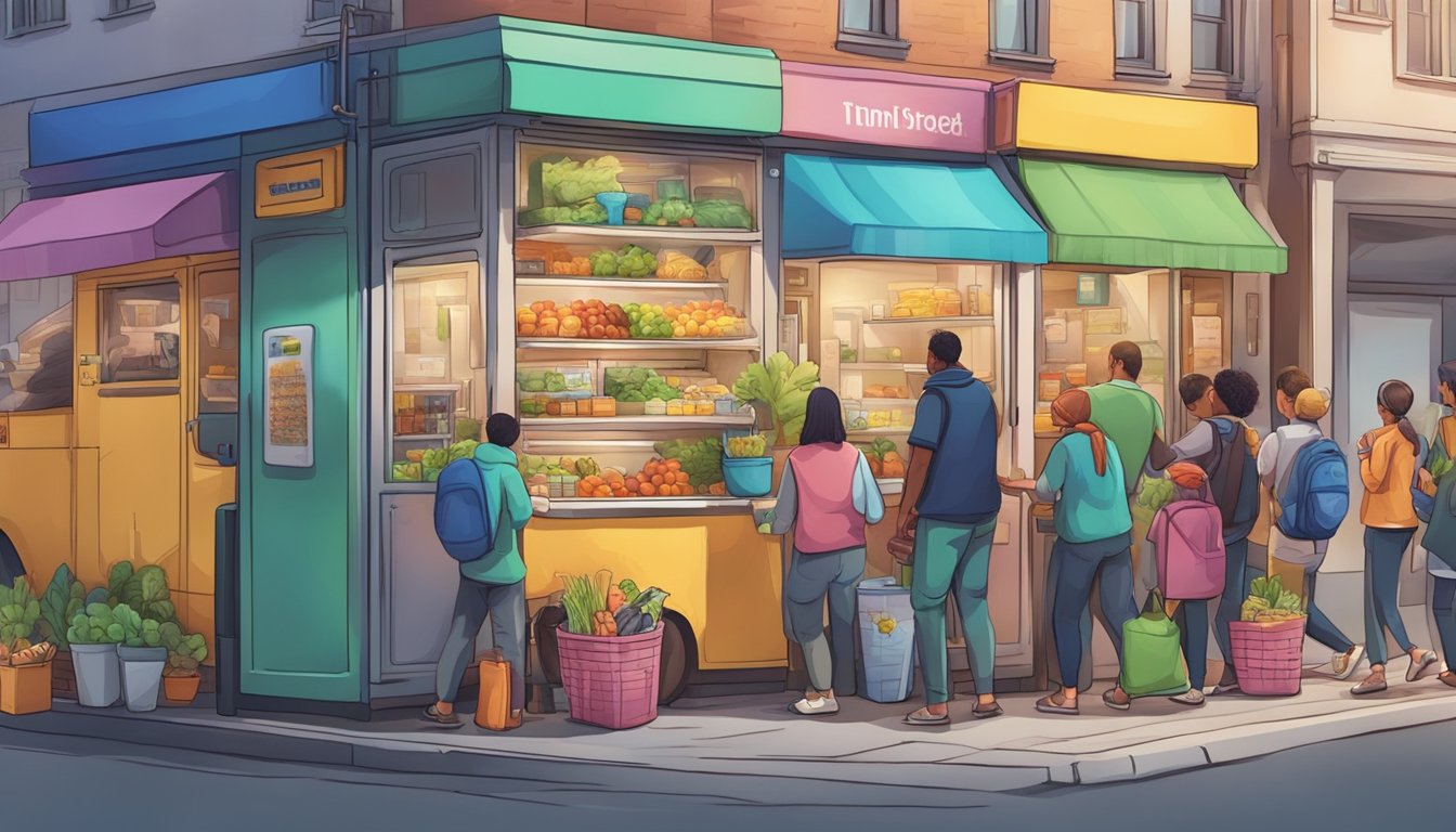 A bustling street corner with a colorful community fridge surrounded by people exchanging food and goods