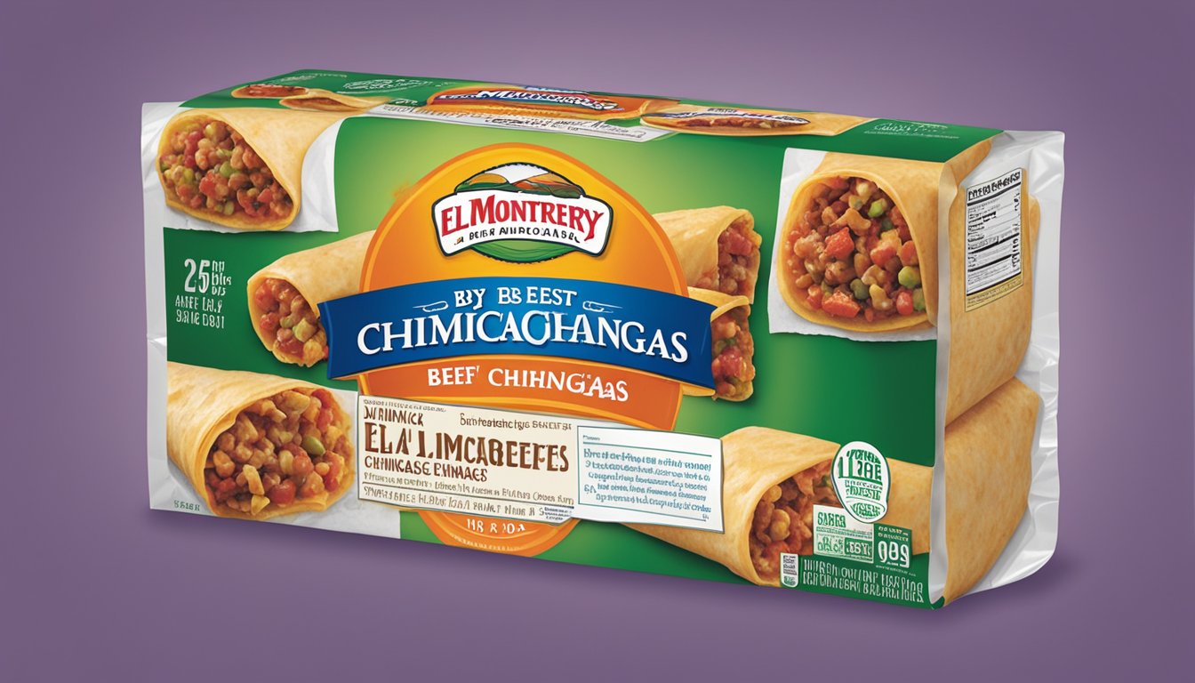 A package of El Monterey beef cheese chimichangas sits in a refrigerator with a "best by" date clearly displayed on the packaging