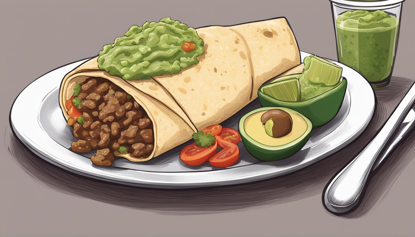 A steaming El Monterey beef and bean burrito sits on a plate, surrounded by colorful salsa and guacamole, ready to be enjoyed