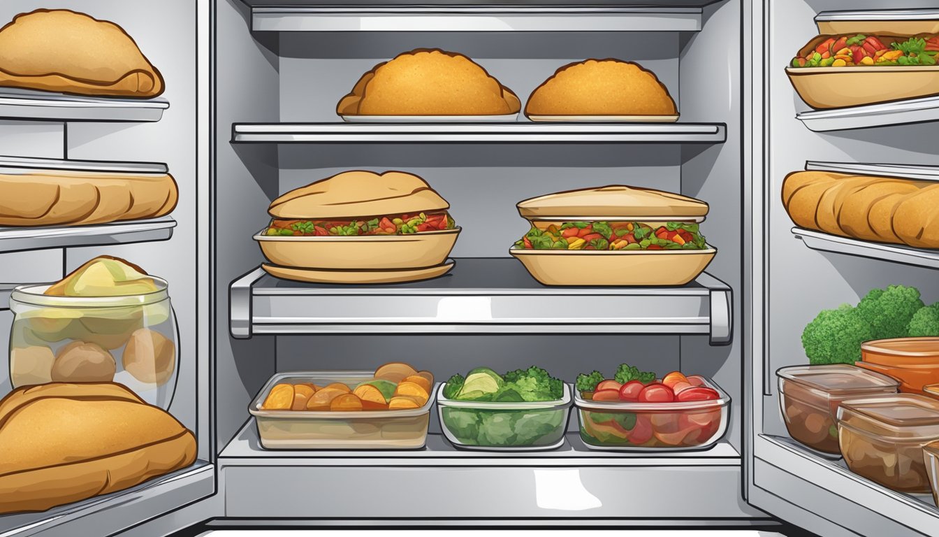 An open refrigerator with various food items inside, including a plate of empanadas wrapped in foil