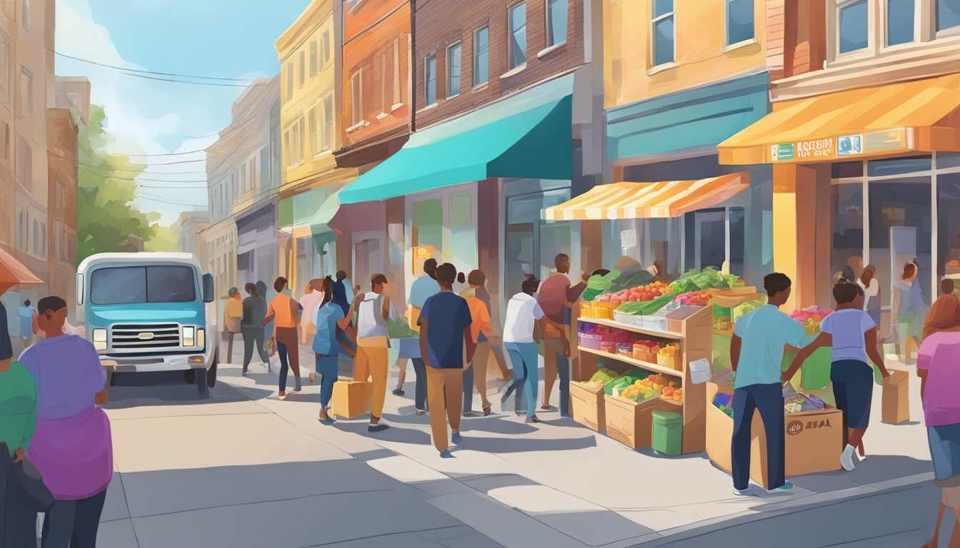 A colorful, bustling street scene with a vibrant local community fridge at the center, surrounded by people dropping off and picking up food donations