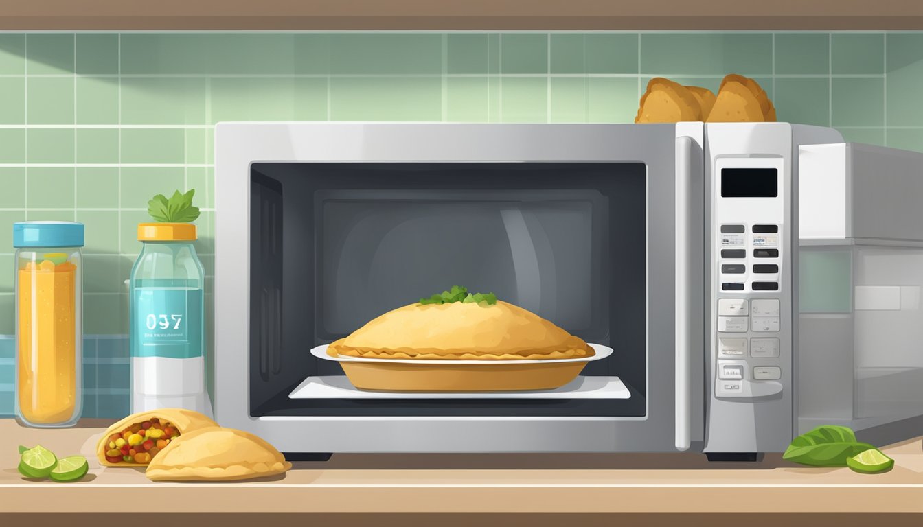 Empanadas in a microwave, timer counting down. Fridge with expiration date label