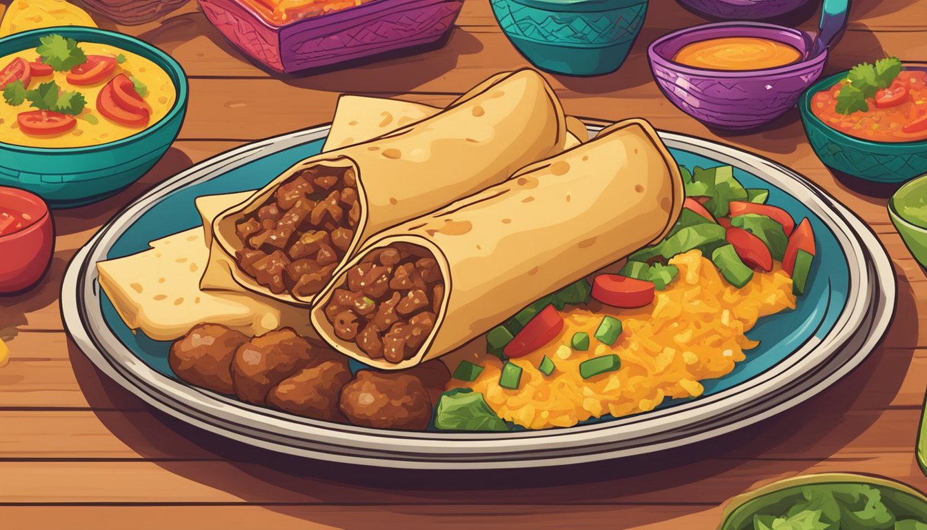 A plate of beef and cheese chimichangas sits on a table, surrounded by colorful Mexican-themed decorations. The chimichangas are steaming hot and ready to be enjoyed