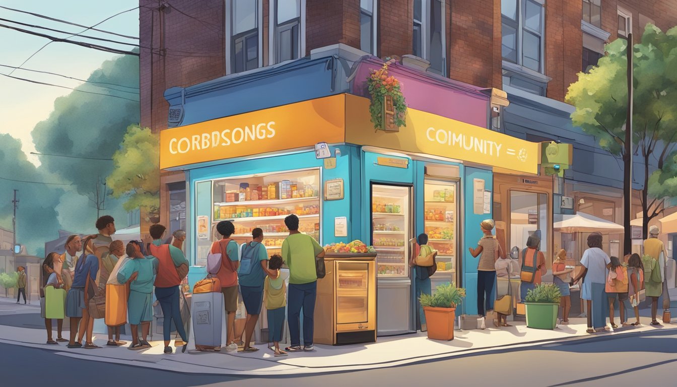 A bustling street corner with a colorful community fridge adorned with local artwork, surrounded by a diverse group of people contributing and taking food