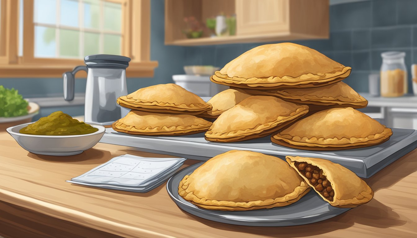 A stack of empanadas on a kitchen counter, some with mold, others looking fresh. Nearby, a calendar with a date crossed out