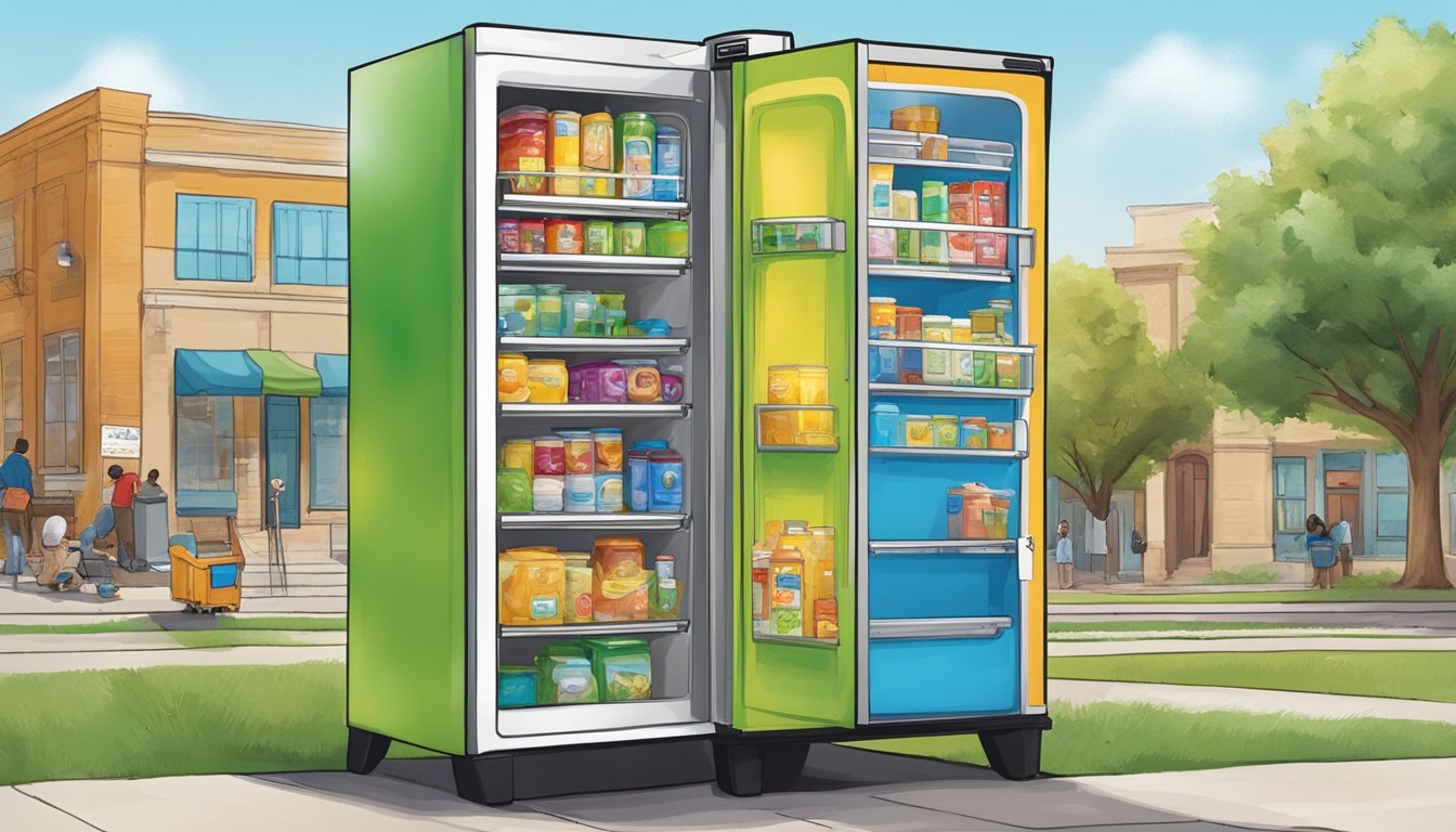 A colorful community fridge stands against a backdrop of educational resources in Killeen, TX. Surrounding buildings and trees create a lively urban setting