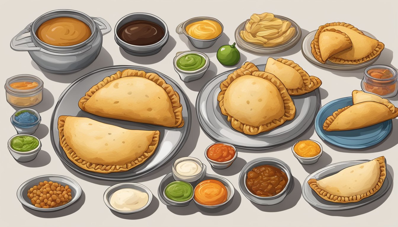 A table with a plate of empanadas, surrounded by various preservation methods such as wrapping, sealing, and storing in airtight containers