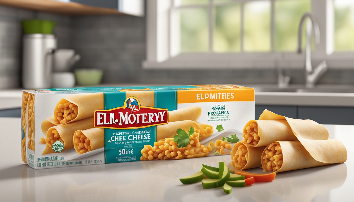 A package of El Monterey chicken cheese taquitos sits unopened on a clean, organized kitchen counter