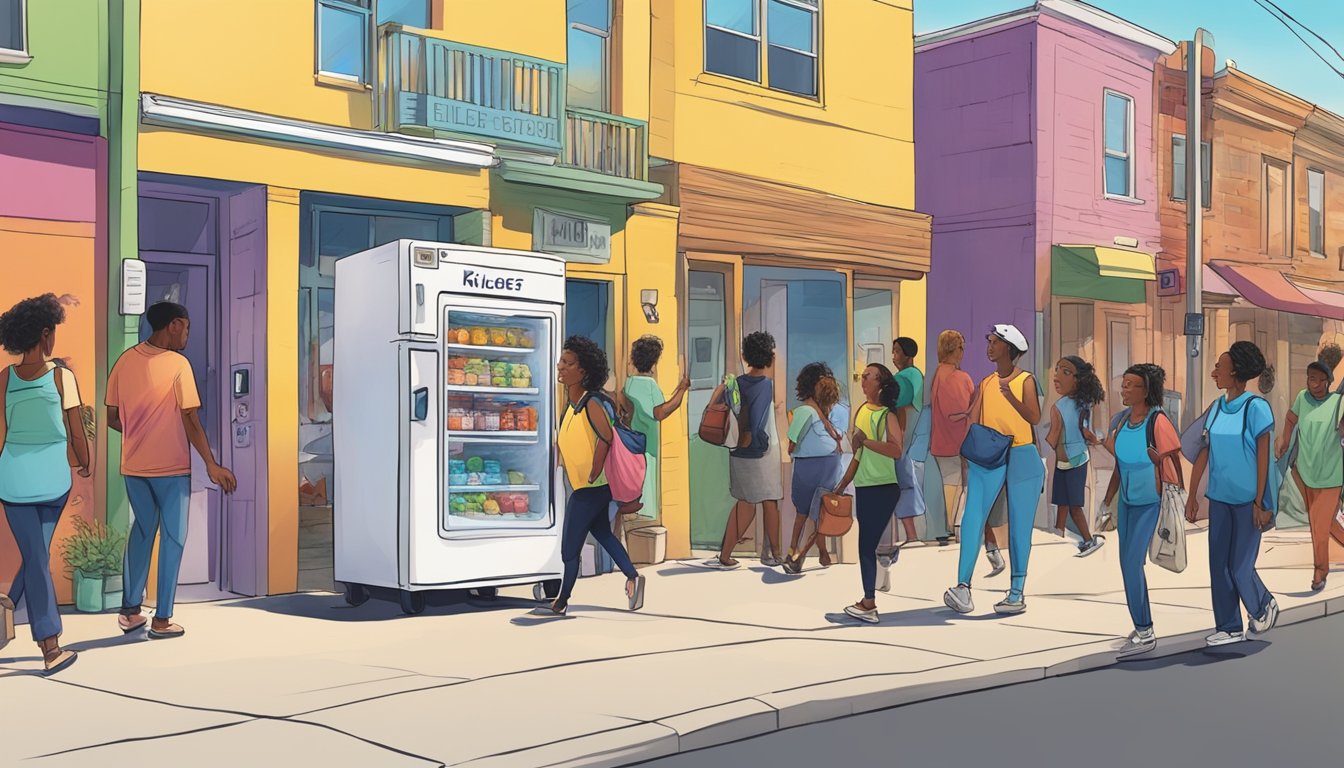 A bustling street in Killeen, TX with a colorful community fridge surrounded by a diverse group of people accessing and contributing to it