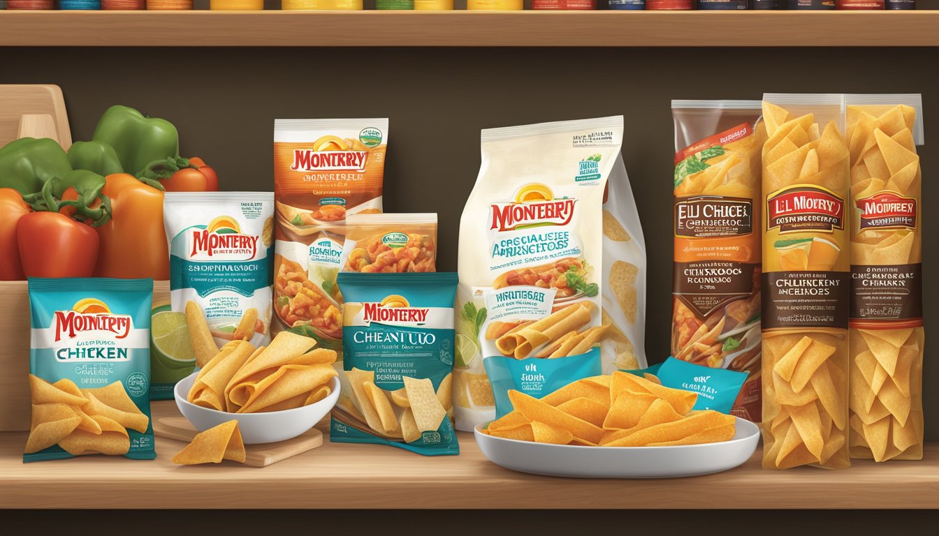 A pantry shelf with a package of El Monterey chicken cheese taquitos, alongside other frozen foods and storage containers