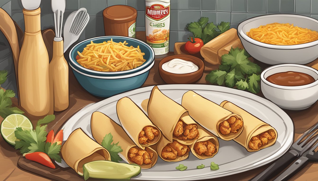 A plate of El Monterey chicken cheese taquitos sits on a kitchen counter, surrounded by cooking utensils and ingredients