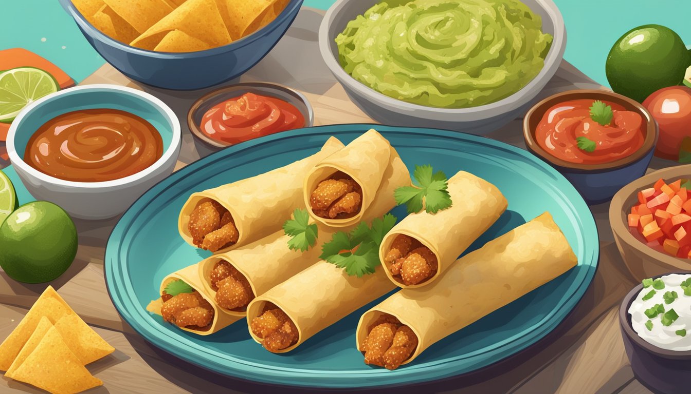 A plate of crispy chicken cheese taquitos with salsa and guacamole, surrounded by colorful garnishes and a festive table setting