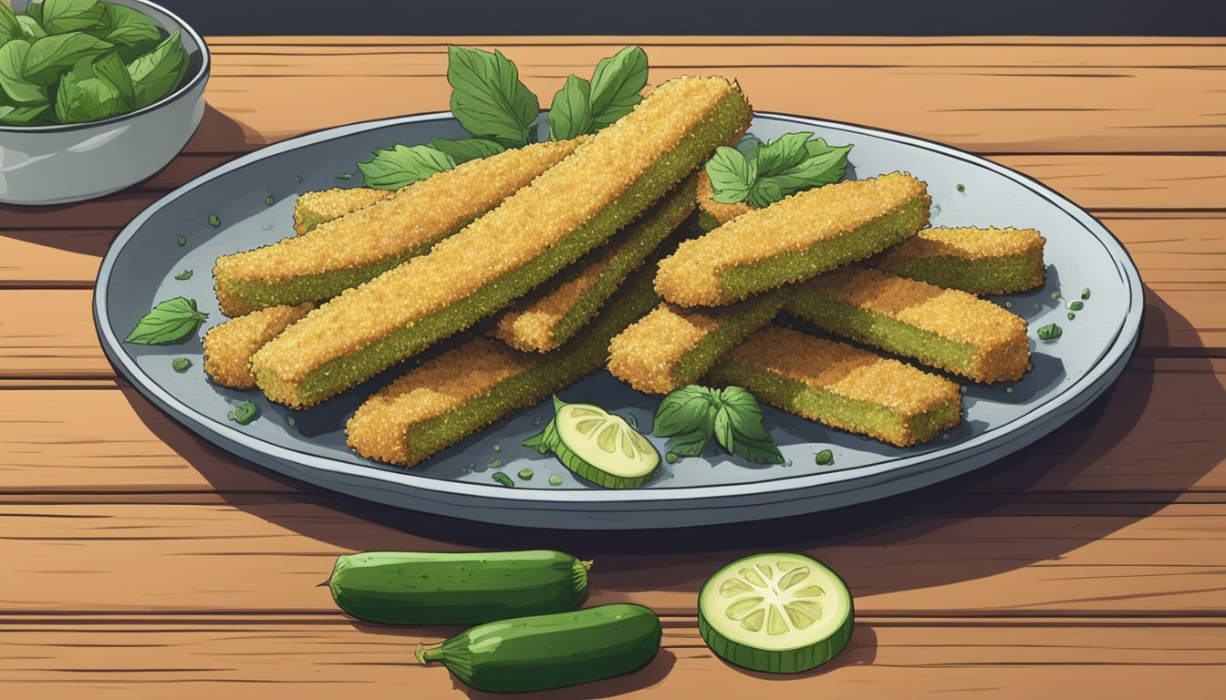 A plate of Farm Rich Breaded Zucchini Sticks sits on a wooden table, surrounded by fresh zucchinis and a sprinkle of herbs