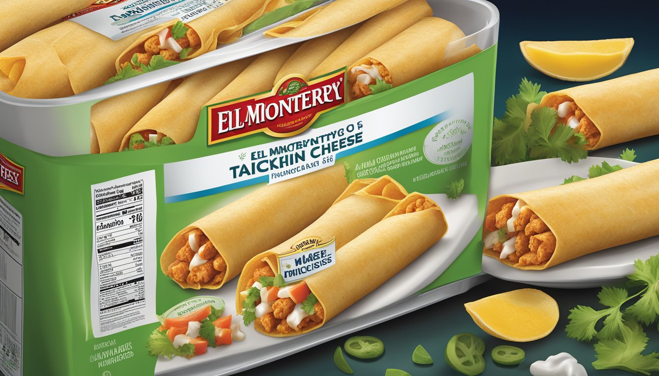 A package of El Monterey chicken cheese taquitos in a refrigerator, with a clear expiration date visible on the packaging