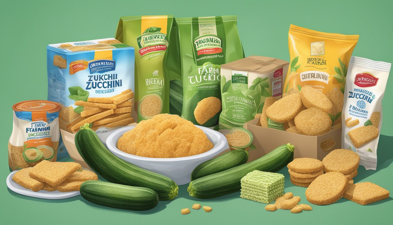 A pantry shelf with a package of farm rich breaded zucchini sticks, surrounded by other frozen food items