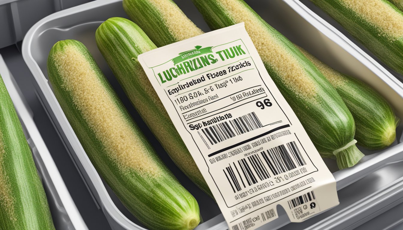 A package of farm rich breaded zucchini sticks sits in the freezer, with a label indicating the expiration date