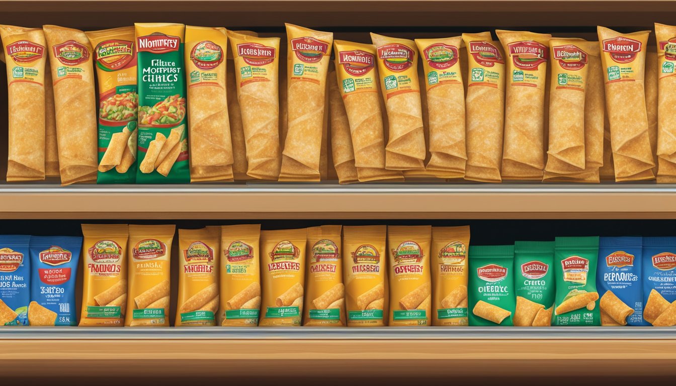 A package of El Monterey chicken cheese taquitos sits on a shelf, with a "best by" date clearly displayed. The taquitos are neatly arranged and surrounded by other frozen food items