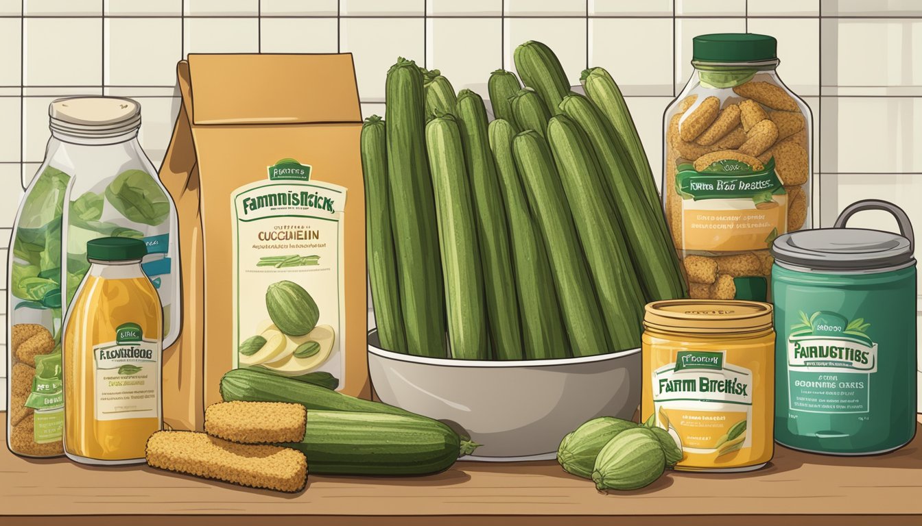 A kitchen pantry with a shelf of farm rich breaded zucchini sticks in a sealed package, surrounded by other food items