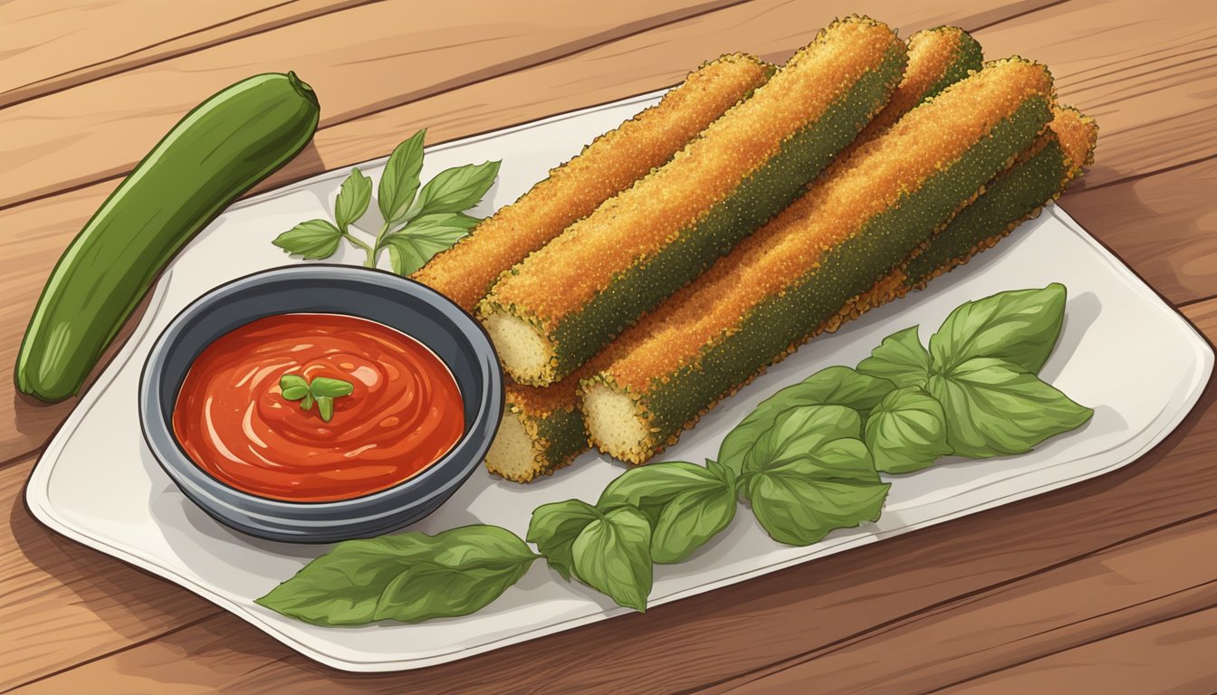 A plate of crispy breaded zucchini sticks with a side of marinara sauce, set on a wooden serving board