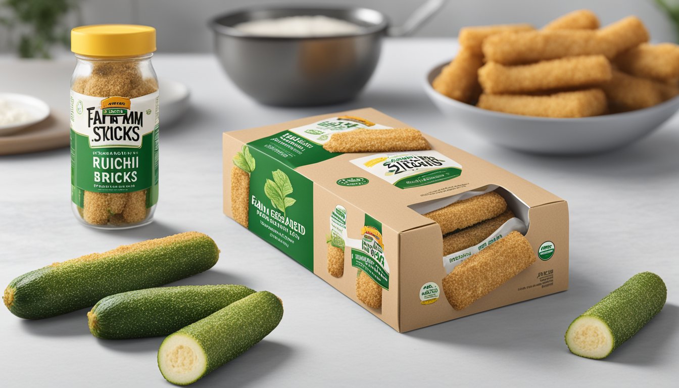 A package of farm rich breaded zucchini sticks sits on a kitchen counter, with a clear expiration date visible on the packaging