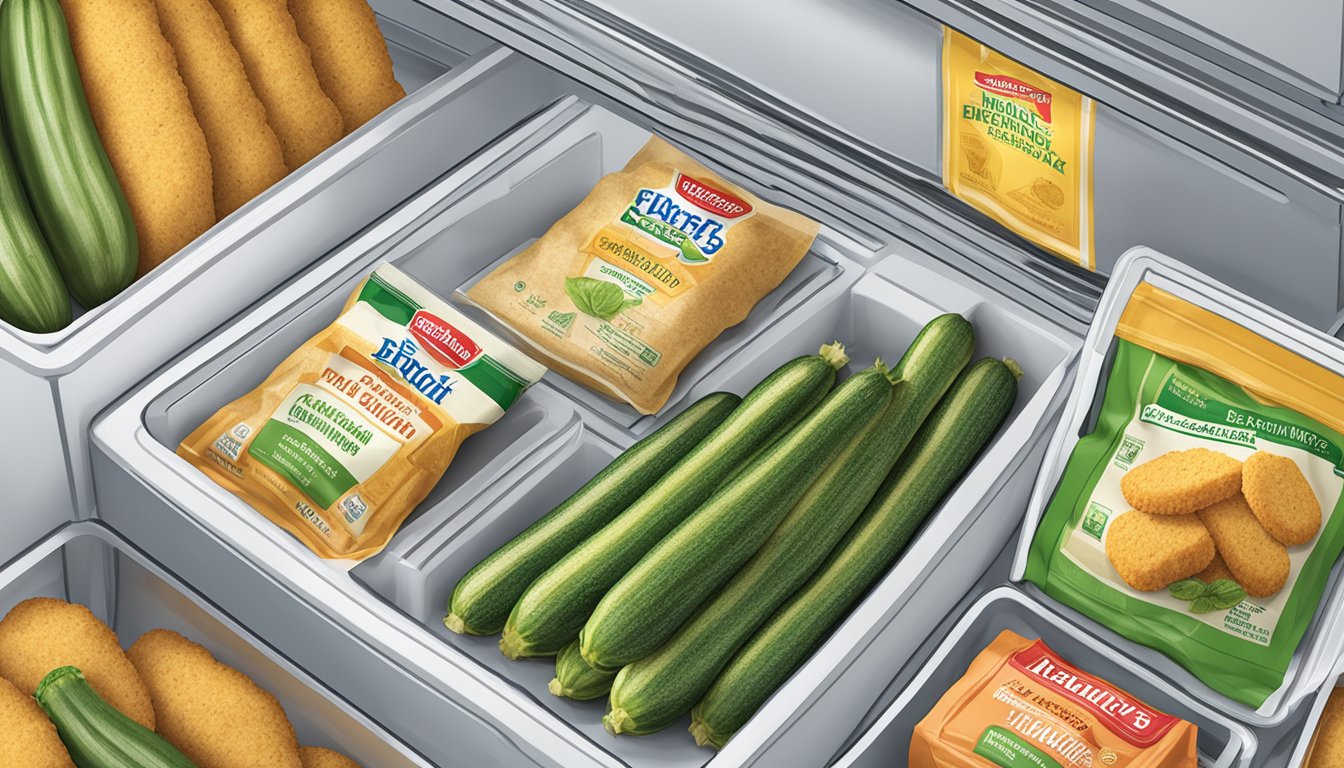 A package of farm rich breaded zucchini sticks sits in a refrigerator next to various other food items