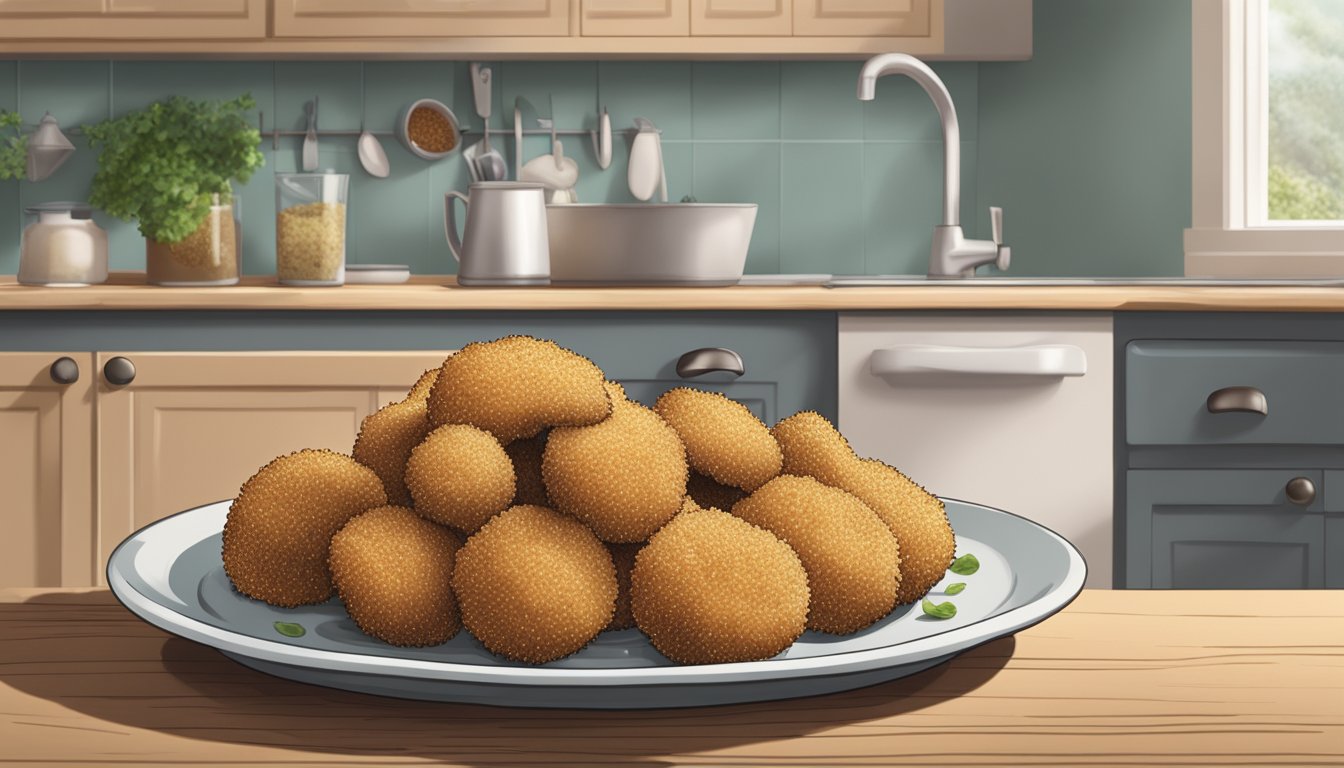 A package of Farm Rich Breaded Mushrooms sits opened on a kitchen counter, with a few mushrooms spilling out onto a plate