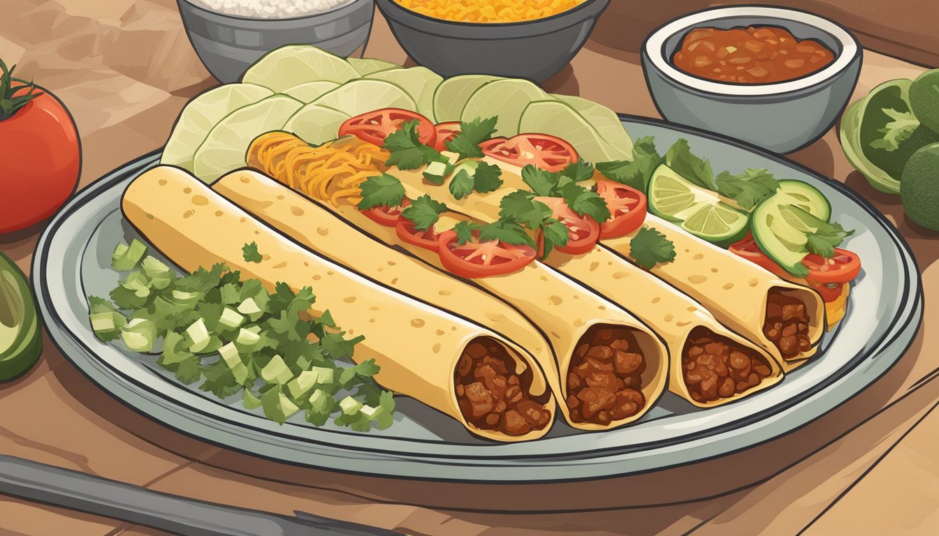 A plate of enchiladas sits on a kitchen counter, surrounded by various ingredients. The enchiladas appear fresh, with no signs of spoilage