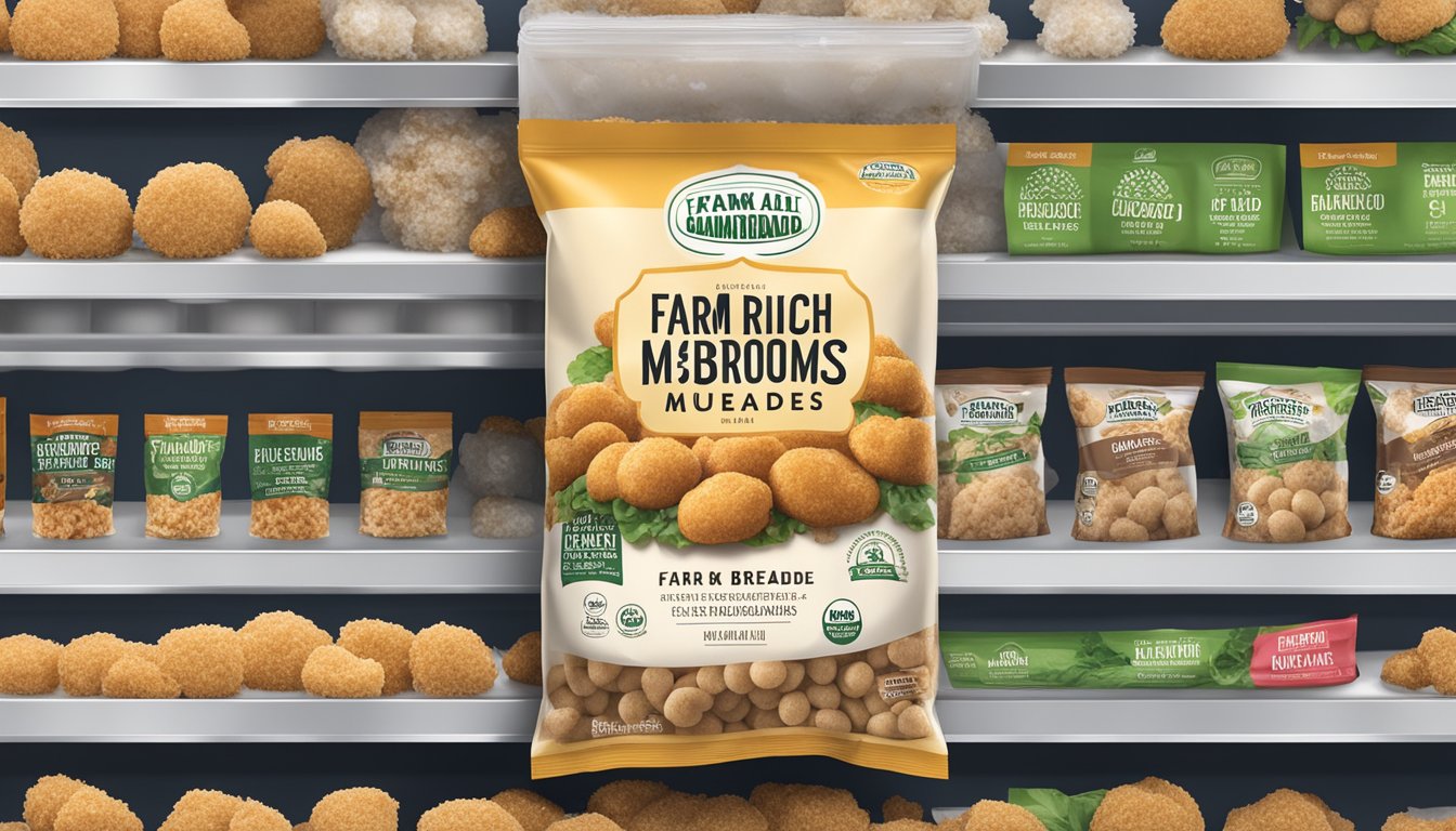 A package of Farm Rich breaded mushrooms sits on a kitchen shelf, surrounded by other frozen goods. The expiration date is clearly printed on the packaging