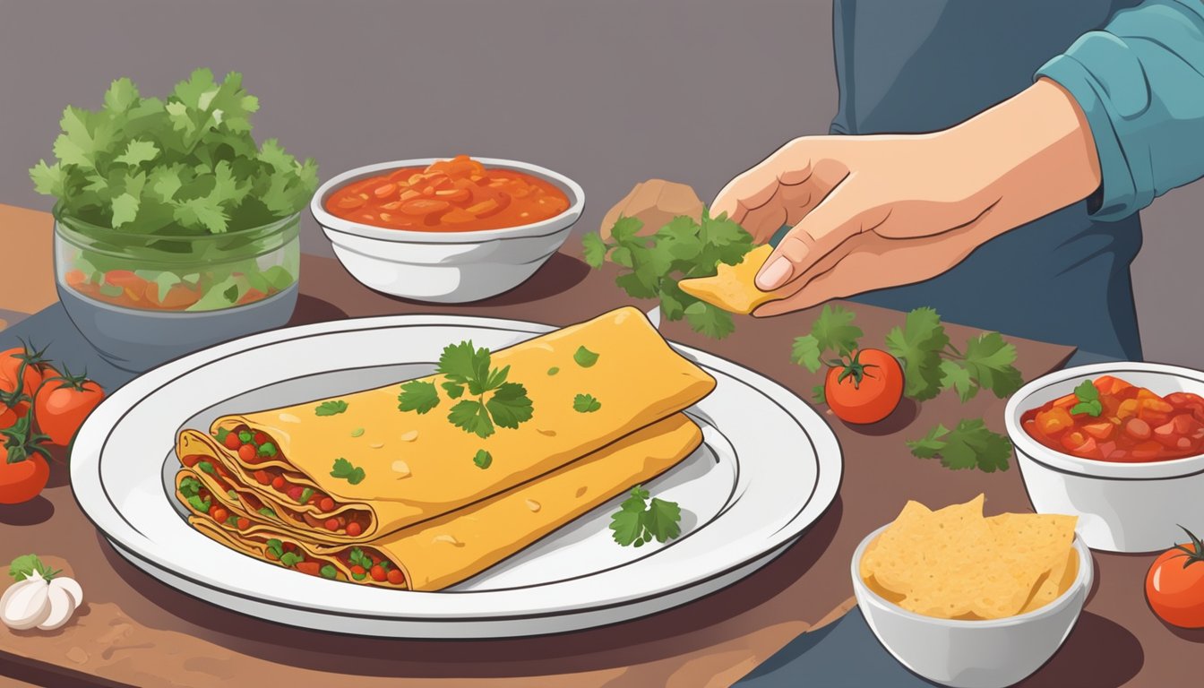 A stack of enchiladas sits on a white plate, surrounded by vibrant ingredients like tomatoes, onions, and cilantro. A hand reaches for a jar of salsa in the background