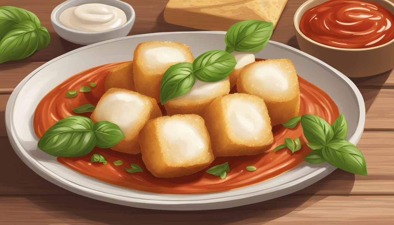 A plate of golden-brown Mozzarella bites sits on a wooden cutting board, surrounded by marinara sauce and garnished with fresh basil leaves