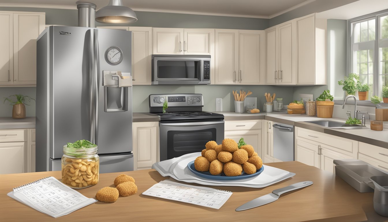 A kitchen counter with a package of Farm Rich breaded mushrooms, a refrigerator in the background, and a calendar showing the current date