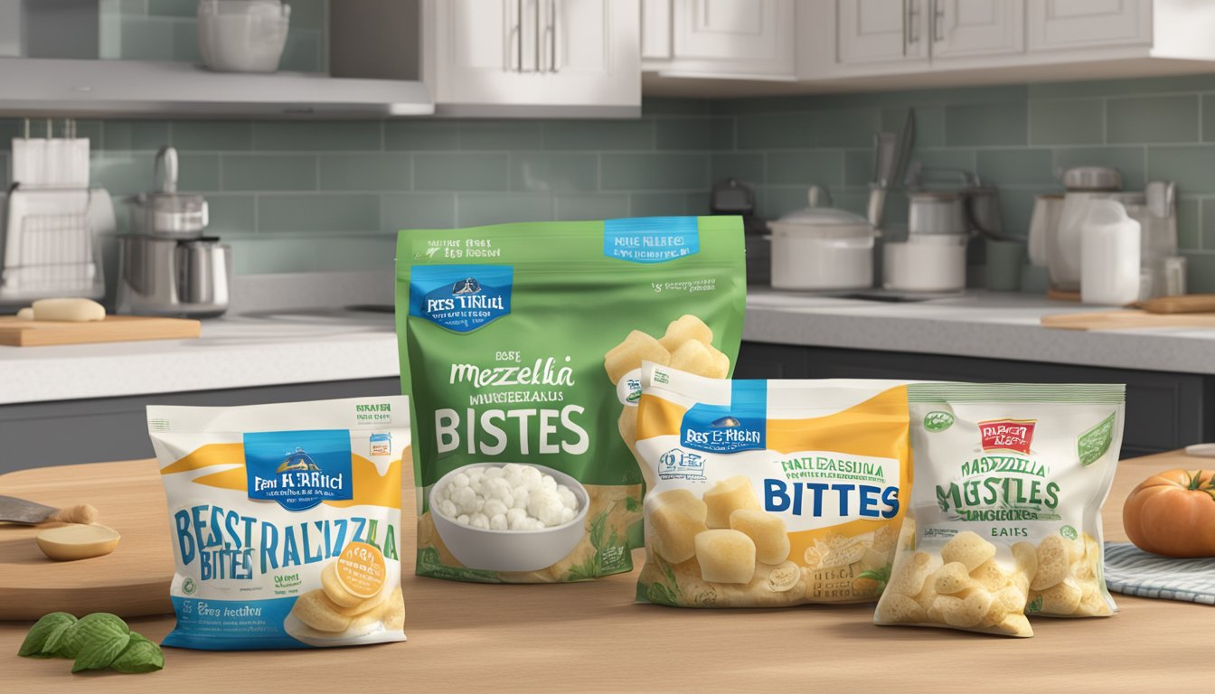 A bag of Farm Rich mozzarella bites sits on a kitchen counter, with a "best by" date clearly visible. Nearby, a pantry shelf holds other frozen snacks and food items