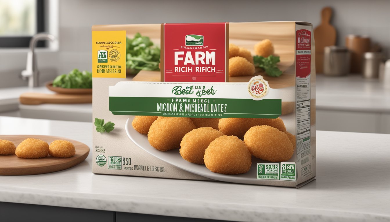 A package of Farm Rich breaded mushrooms sits on a kitchen counter, with a "best by" date clearly visible on the packaging