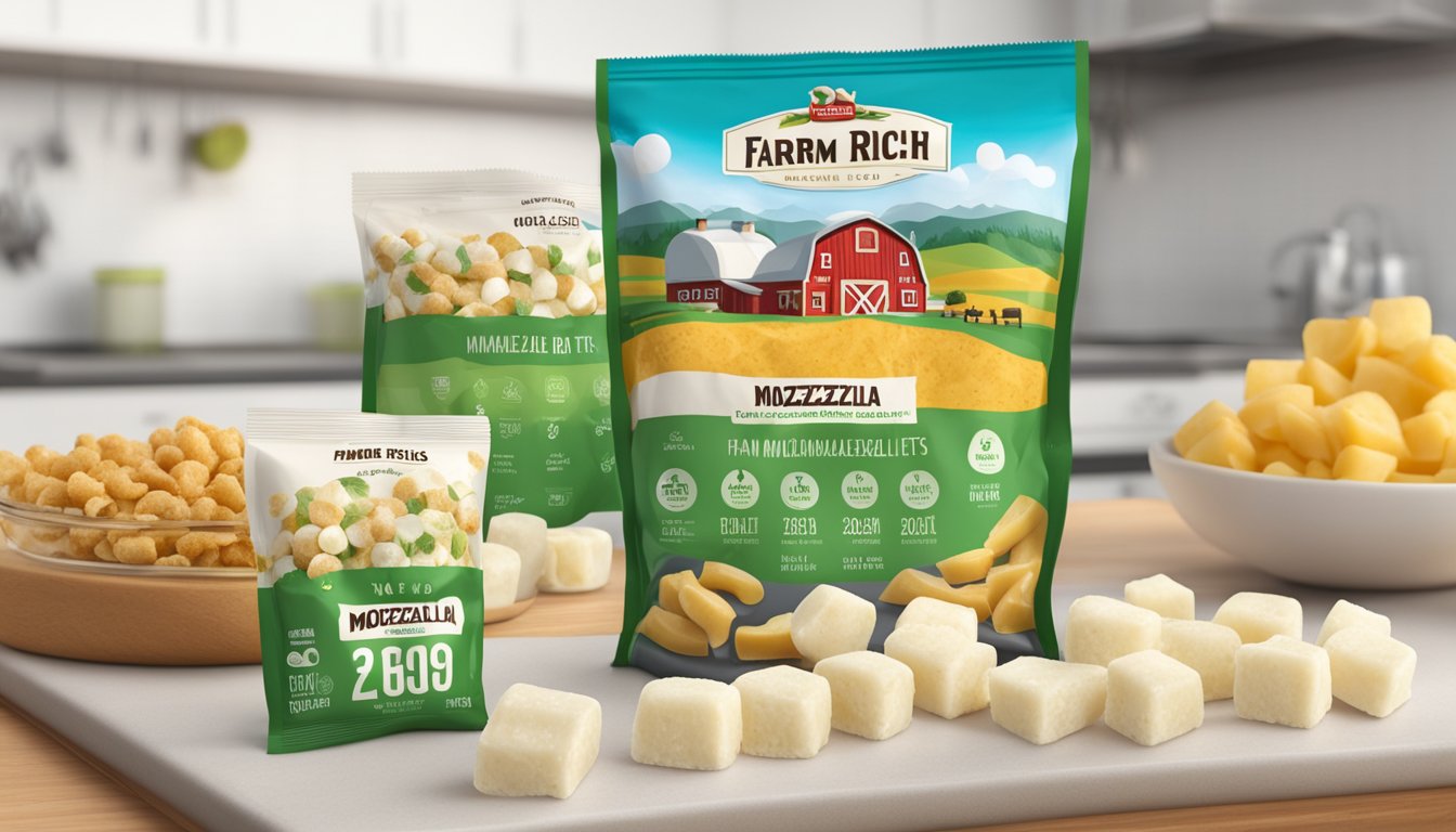 A package of Farm Rich Mozzarella Bites sits unopened on a kitchen counter, surrounded by other frozen snacks and a calendar